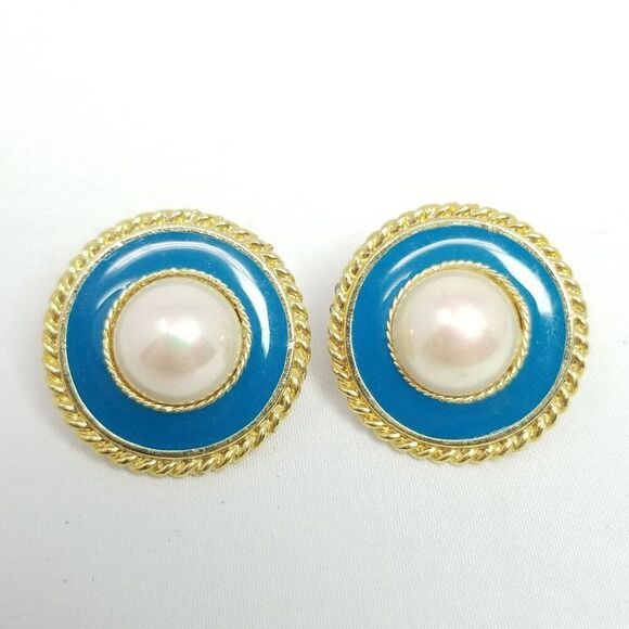 Vintage LIA Blue Enamel, White and Gold Tone Round Dome Stud Earrings, Signed - Picture 2 of 7